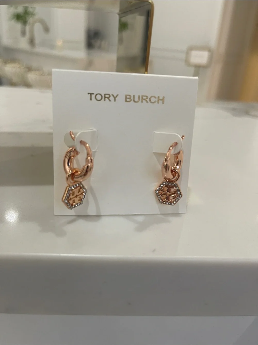 Tory Burch Rose Gold Double-Hoop Earrings with Logo Charm